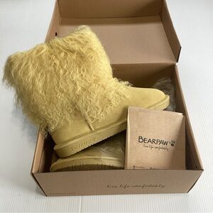Bearpaw Boo Boots Genuine Leather Suede Long Fur Sheepskin Yellow Sz 9 1854W